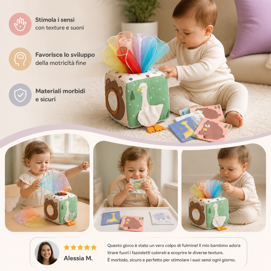 Scatola Sensoriale Montessori per Neonati – Morbido Gioco Frusciante e Tattile