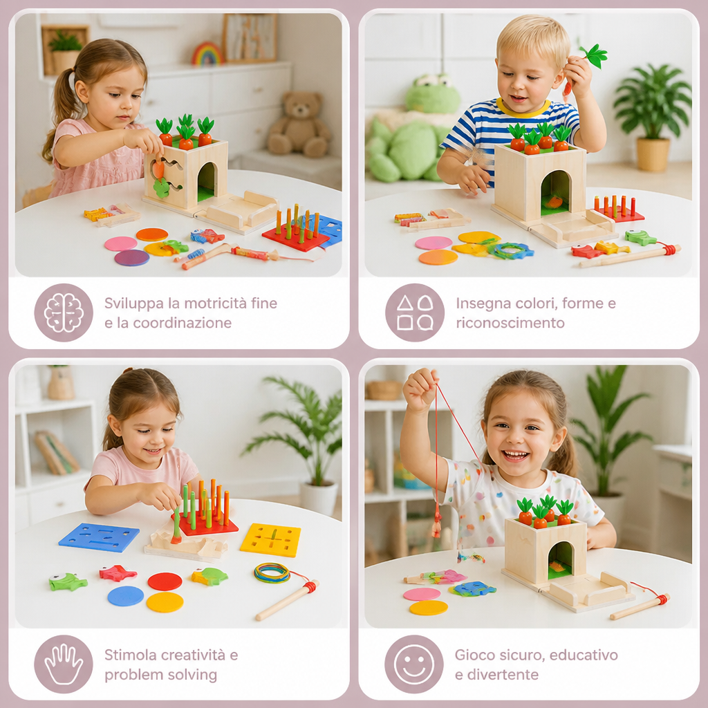 Cubo Educativo Montessori in Legno 6-in-1 con Forme e Figure