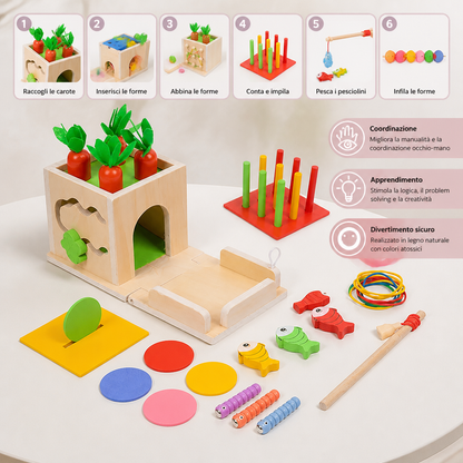 Cubo Educativo Montessori in Legno 6-in-1 con Forme e Figure