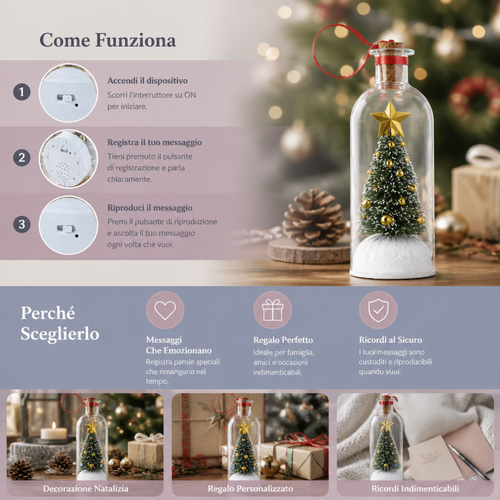 Decorazione natalizia a forma di bottiglia con messaggio registrabile e riproduzione vocale