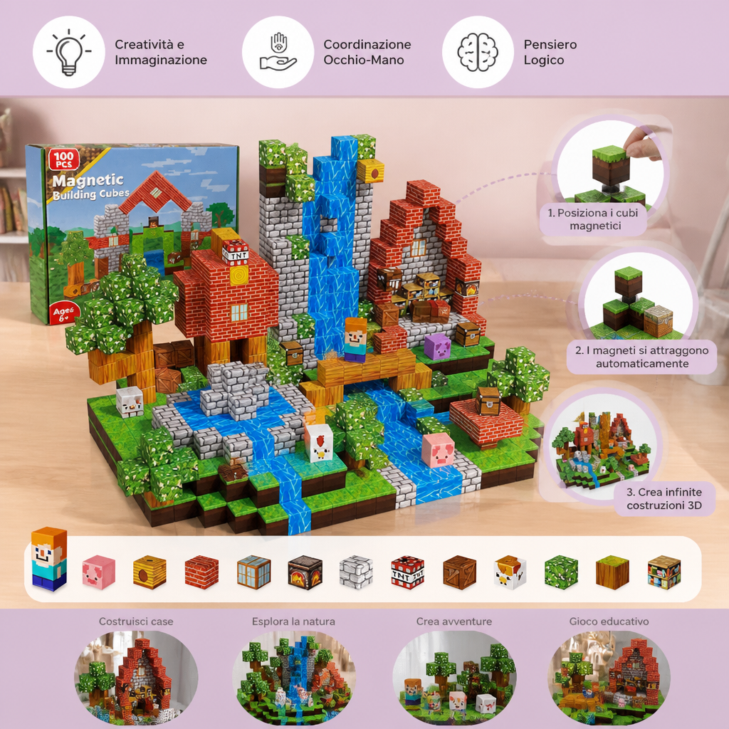 Set da 100 Cubi Magnetici da Costruzione – Giocattolo Montessori STEM per Bambini