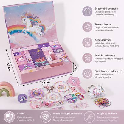 Calendario dell’Avvento di 24 Giorni a Tema Unicorno con Accessori per Capelli, Adesivi e Regali Sorpresa