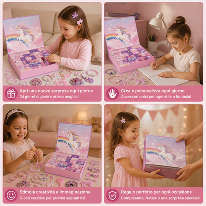 Calendario dell’Avvento di 24 Giorni a Tema Unicorno con Accessori per Capelli, Adesivi e Regali Sorpresa