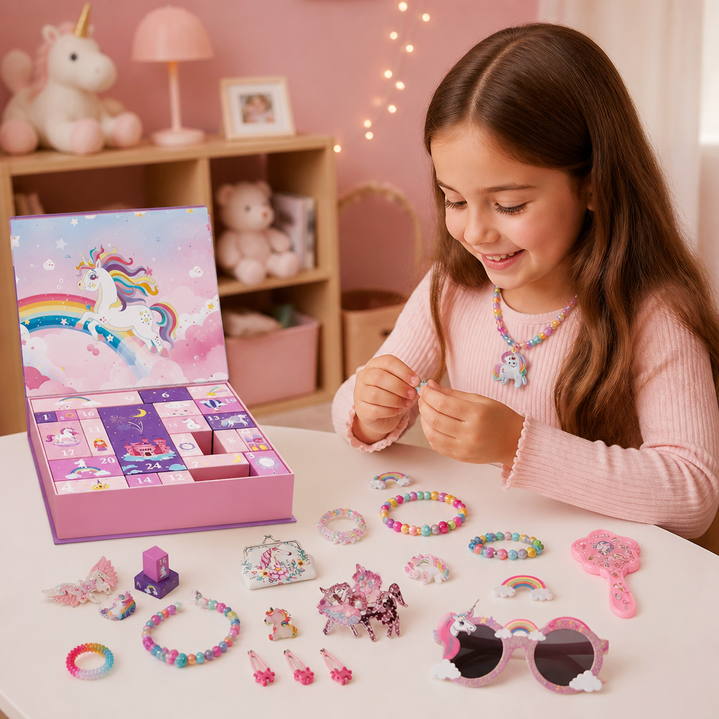 Calendario dell’Avvento di 24 Giorni a Tema Unicorno con Accessori per Capelli, Adesivi e Regali Sorpresa