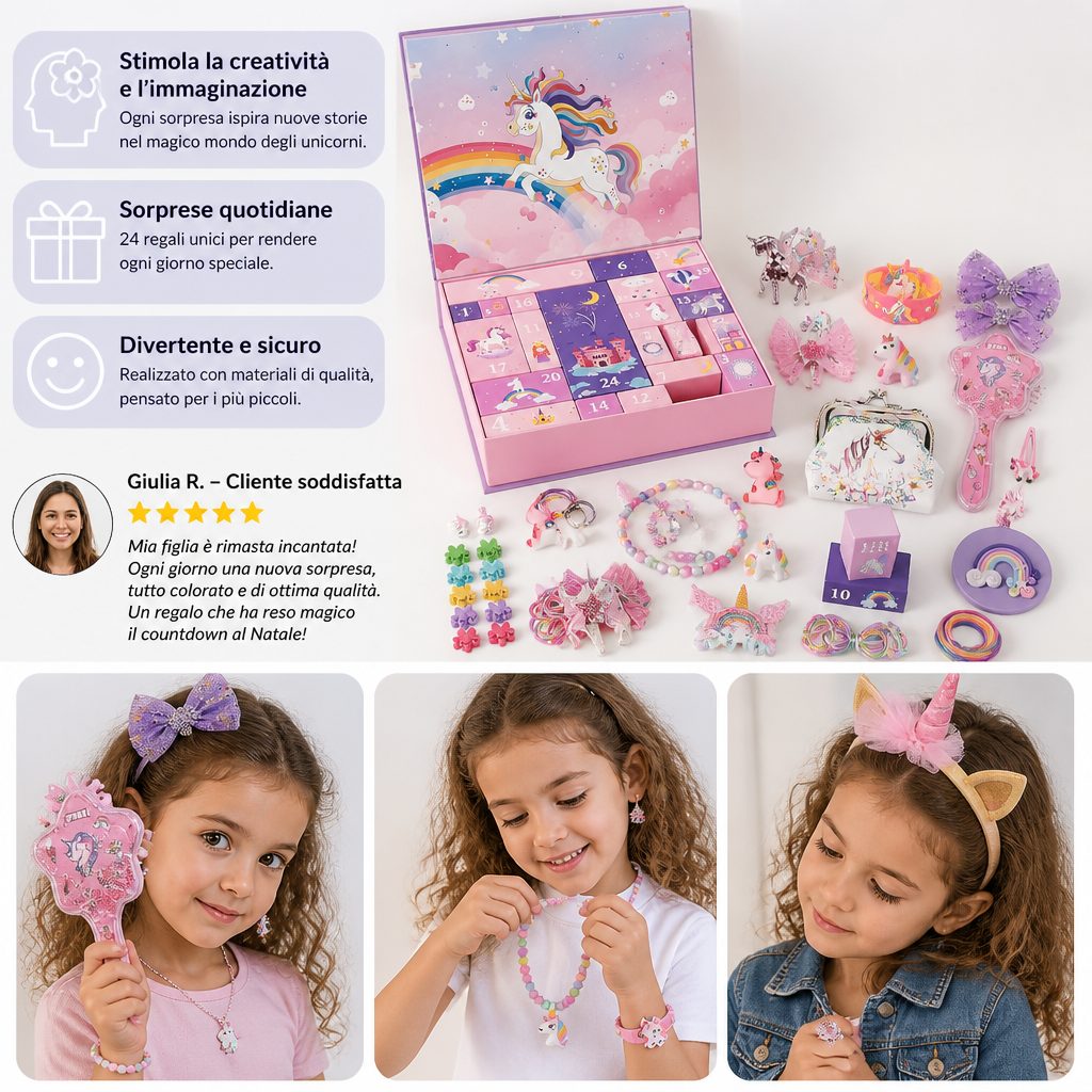 Calendario dell’Avvento di 24 Giorni a Tema Unicorno con Accessori per Capelli, Adesivi e Regali Sorpresa