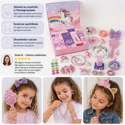 Calendario dell’Avvento di 24 Giorni a Tema Unicorno con Accessori per Capelli, Adesivi e Regali Sorpresa