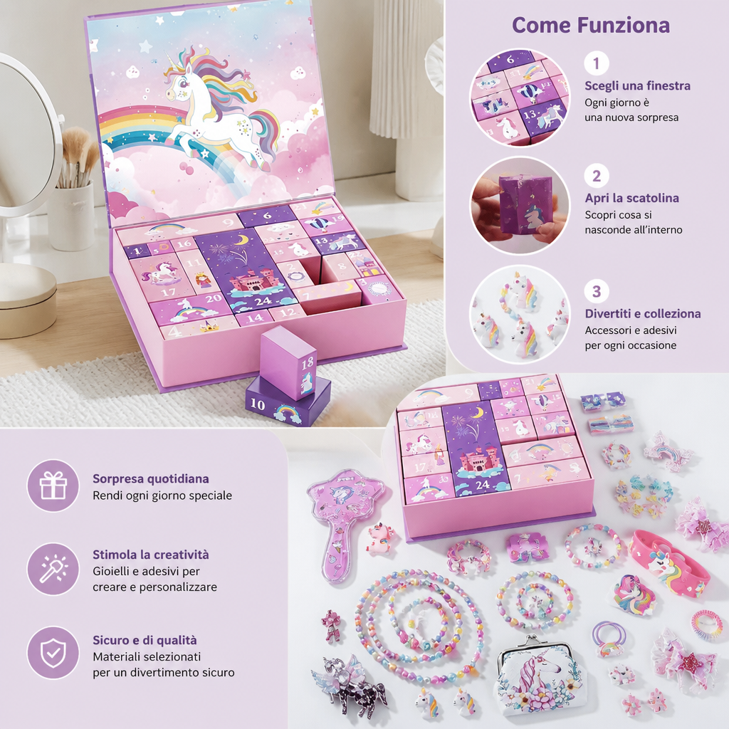 Calendario dell’Avvento di 24 Giorni a Tema Unicorno con Accessori per Capelli, Adesivi e Regali Sorpresa