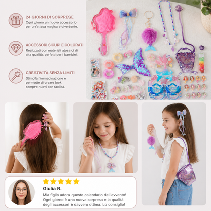 Calendario dell’Avvento da 24 Giorni a Tema Sirena con Accessori per Capelli, Adesivi e Regali Sorpresa