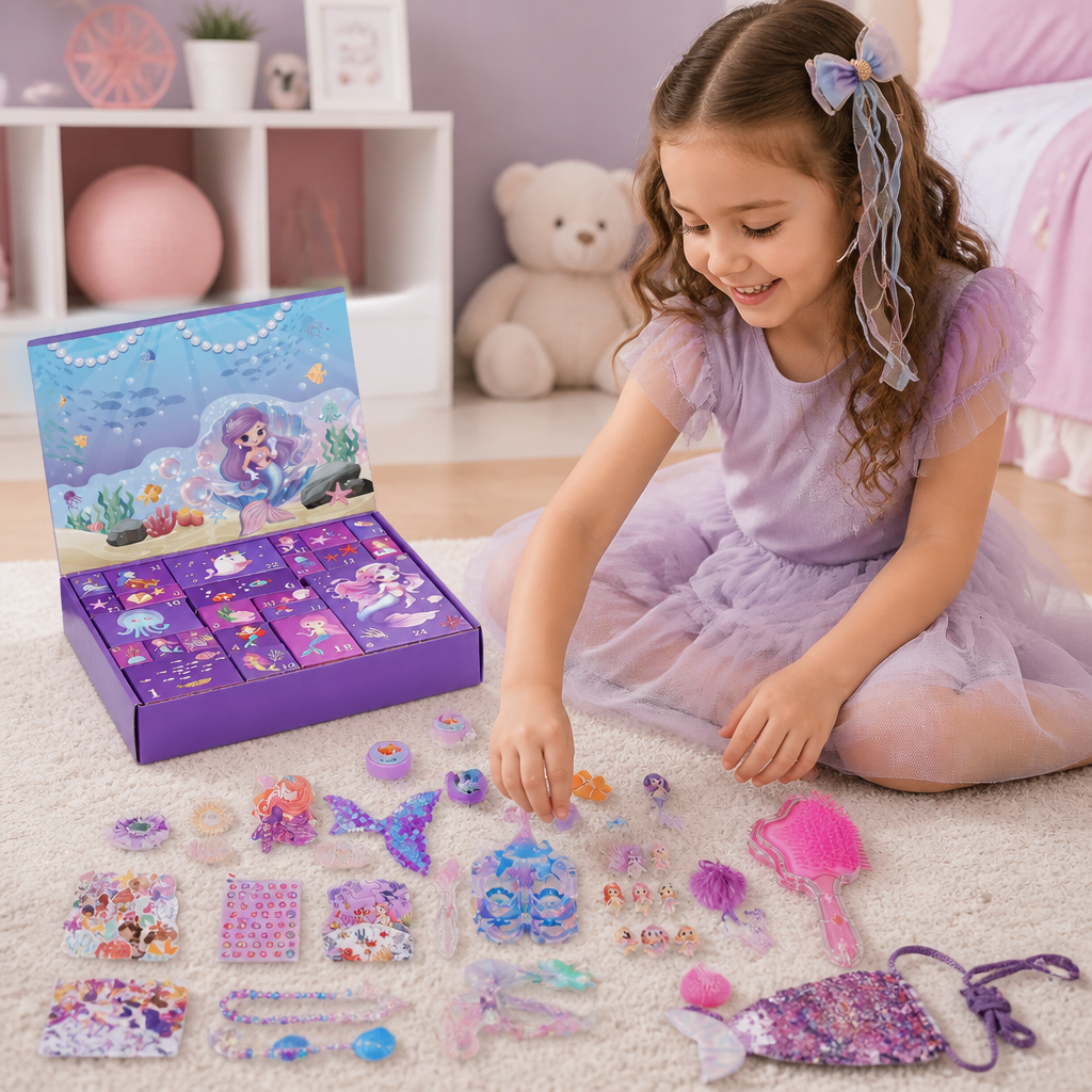 Calendario dell’Avvento da 24 Giorni a Tema Sirena con Accessori per Capelli, Adesivi e Regali Sorpresa