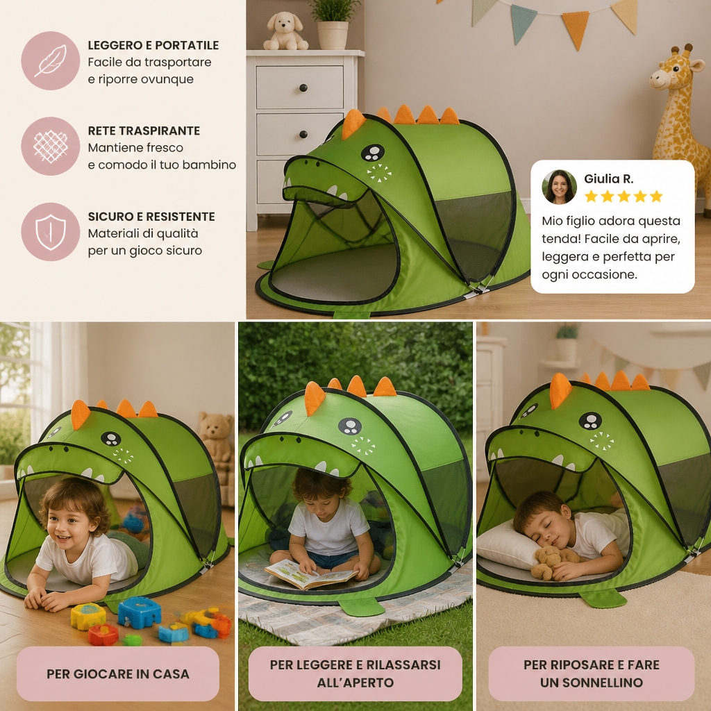 Tenda Gioco Dino Pieghevole per Bambini – Perfetta per le Giornate Calde e i Momenti di Gioco Accoglienti