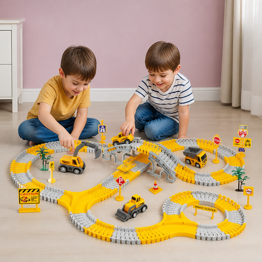 Set da Pista da Corsa per Camion da Costruzione con Ponte, Veicoli e Segnali Stradali