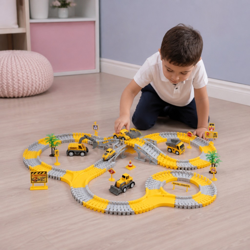 Set da Pista da Corsa per Camion da Costruzione con Ponte, Veicoli e Segnali Stradali