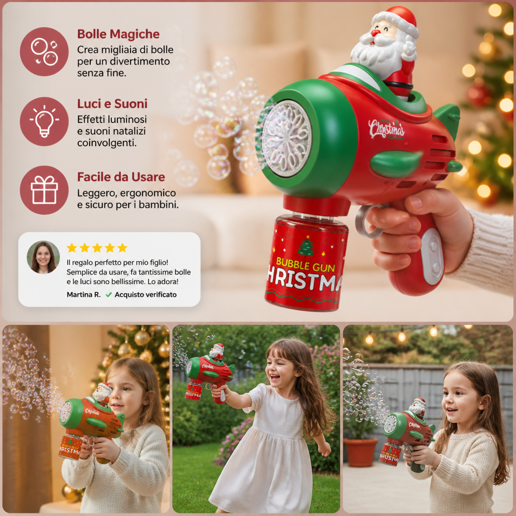 Pistola Elettrica per Bolle di Sapone Natalizia con Luci e Suoni per Bambini