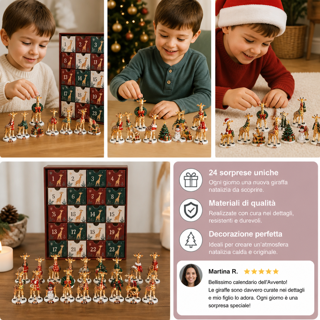 Calendario dell’Avvento di 24 giorni con figurine di giraffe natalizie