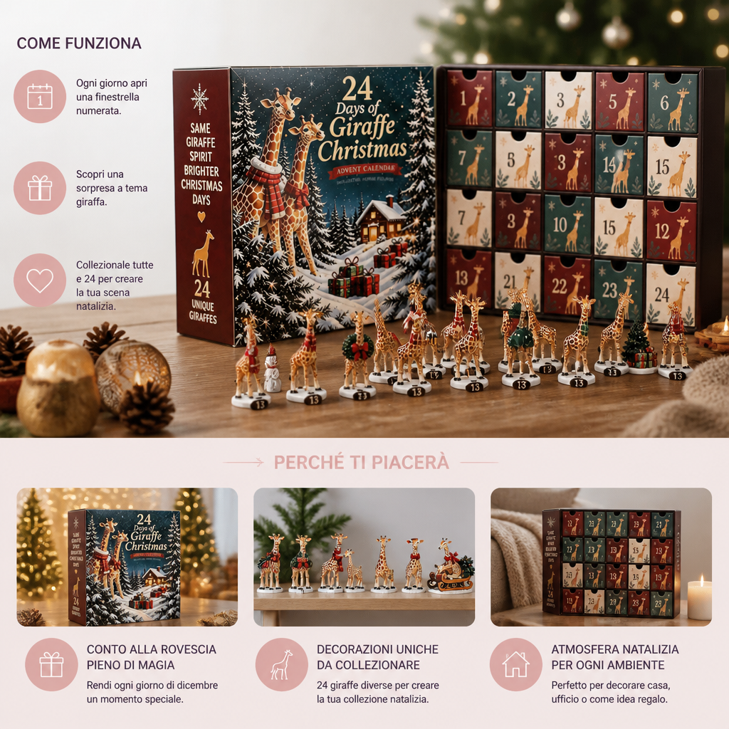 Calendario dell’Avvento di 24 giorni con figurine di giraffe natalizie
