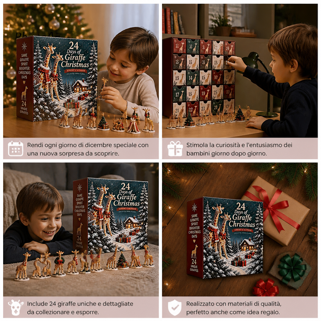 Calendario dell’Avvento di 24 giorni con figurine di giraffe natalizie
