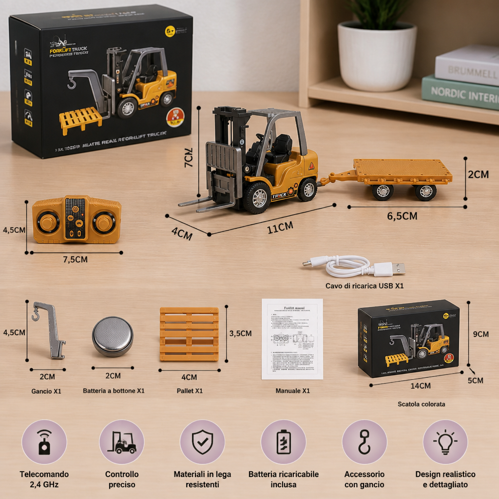Veicoli da Costruzione Radiocomandati in Scala 1:64 – Carrello Elevatore, Escavatore, Dumper e Bulldozer