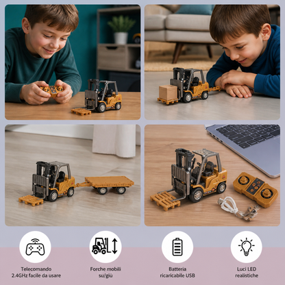 Veicoli da Costruzione Radiocomandati in Scala 1:64 – Carrello Elevatore, Escavatore, Dumper e Bulldozer