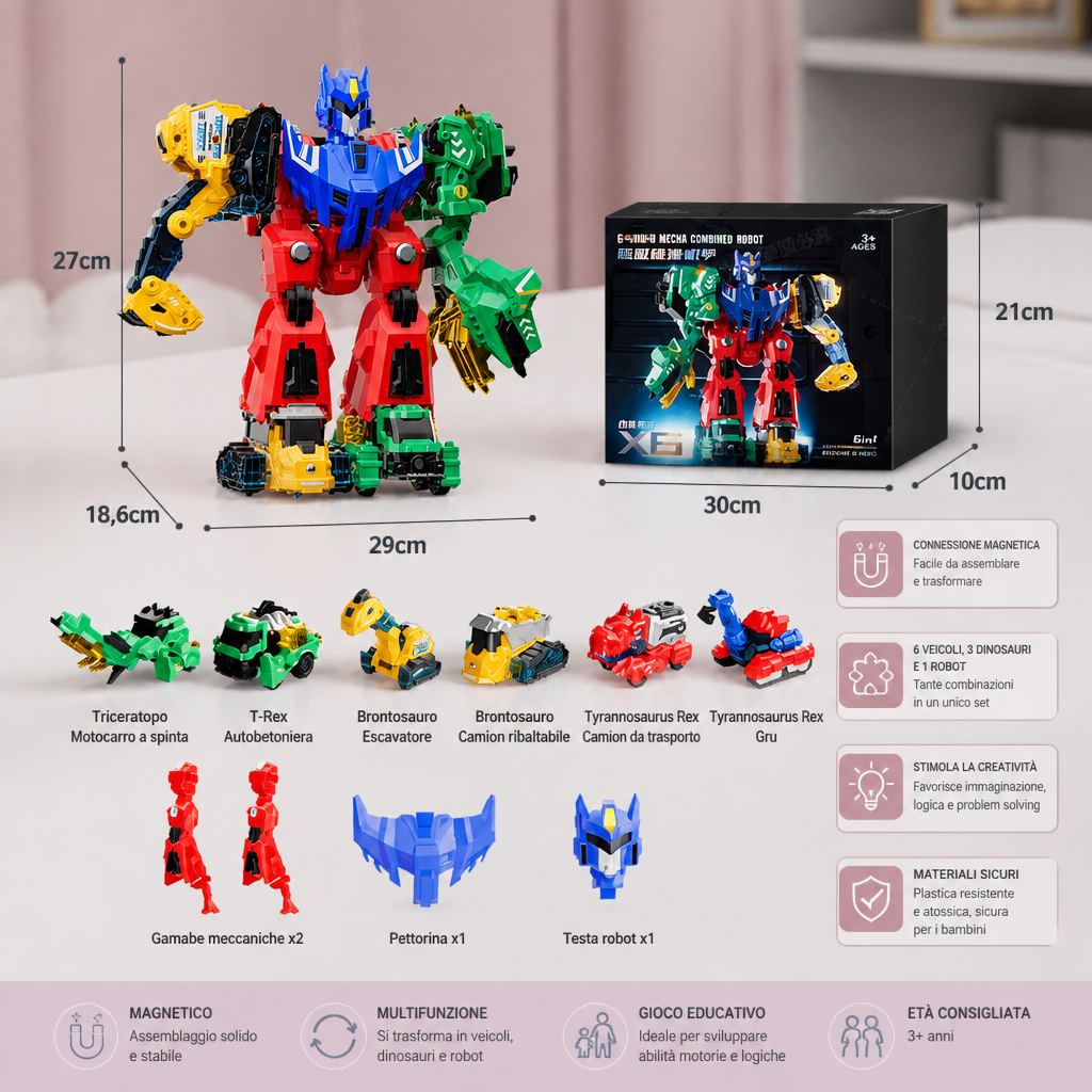 Giocattolo magnetico trasformabile 6-in-1 – Costruisci 6 veicoli, 3 dinosauri e 1 robot