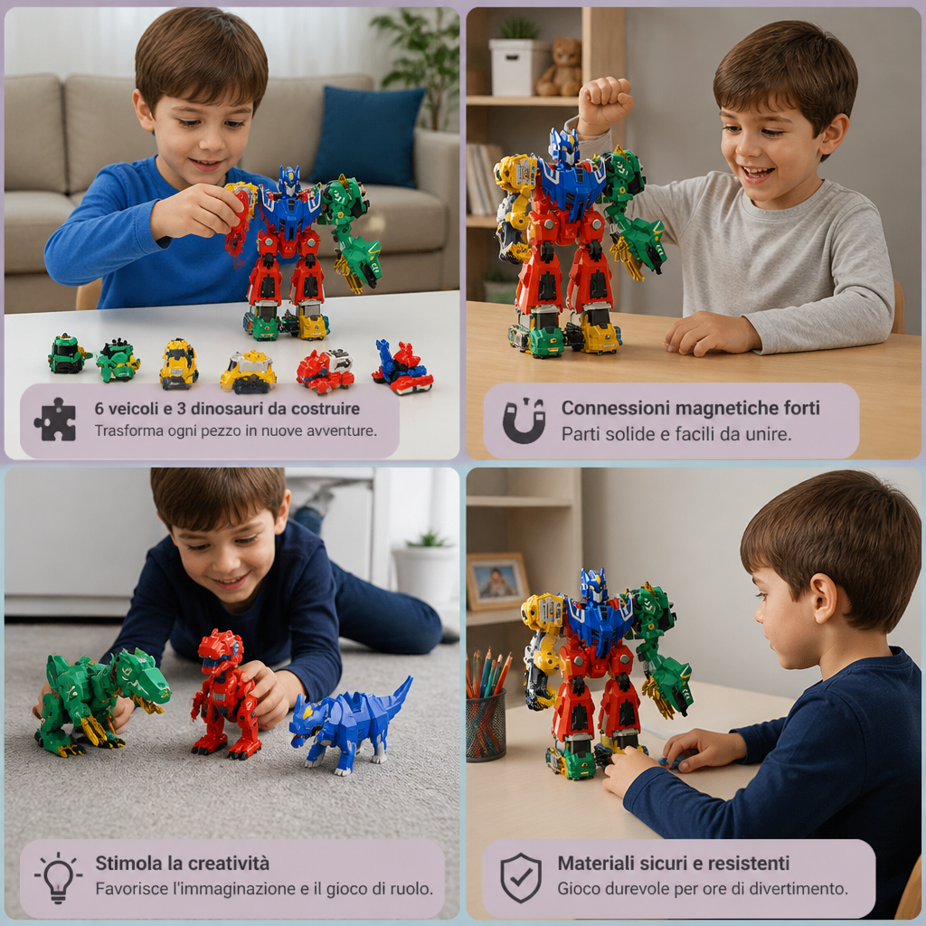 Giocattolo magnetico trasformabile 6-in-1 – Costruisci 6 veicoli, 3 dinosauri e 1 robot