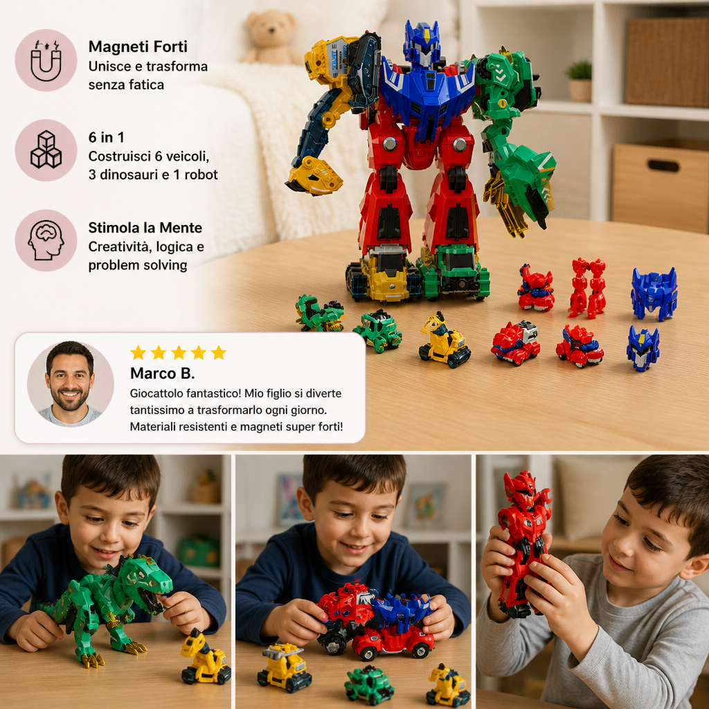 Giocattolo magnetico trasformabile 6-in-1 – Costruisci 6 veicoli, 3 dinosauri e 1 robot