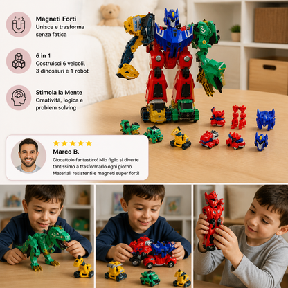 Giocattolo magnetico trasformabile 6-in-1 – Costruisci 6 veicoli, 3 dinosauri e 1 robot