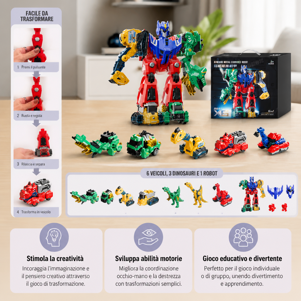Giocattolo magnetico trasformabile 6-in-1 – Costruisci 6 veicoli, 3 dinosauri e 1 robot