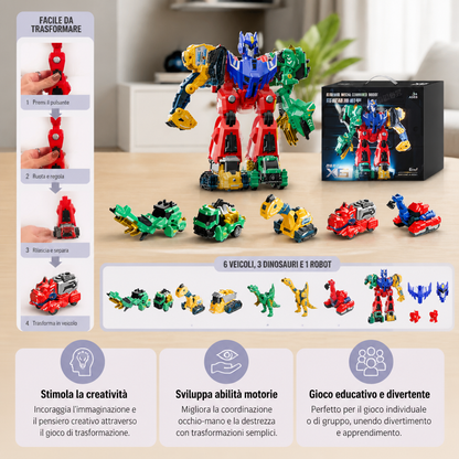 Giocattolo magnetico trasformabile 6-in-1 – Costruisci 6 veicoli, 3 dinosauri e 1 robot