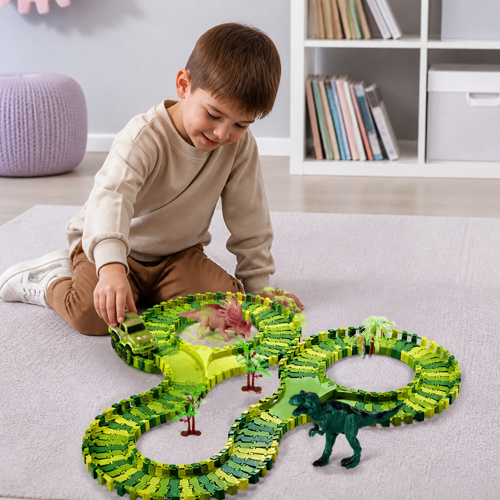 Set da 215 pezzi per pista da corsa con dinosauri, auto motorizzate, ponte e figurine di dinosauri