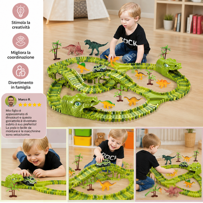 Set da 215 pezzi per pista da corsa con dinosauri, auto motorizzate, ponte e figurine di dinosauri