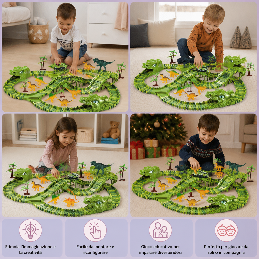 Set da 215 pezzi per pista da corsa con dinosauri, auto motorizzate, ponte e figurine di dinosauri