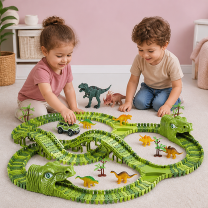 Set da 215 pezzi per pista da corsa con dinosauri, auto motorizzate, ponte e figurine di dinosauri