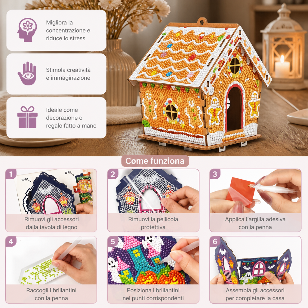 Kit DIY per Puzzle 3D in Legno a Forma di Casa di Pan di Zenzero con Diamond Art