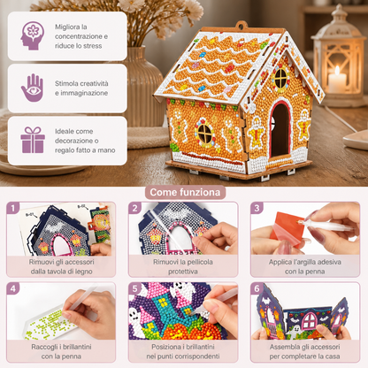 Kit DIY per Puzzle 3D in Legno a Forma di Casa di Pan di Zenzero con Diamond Art
