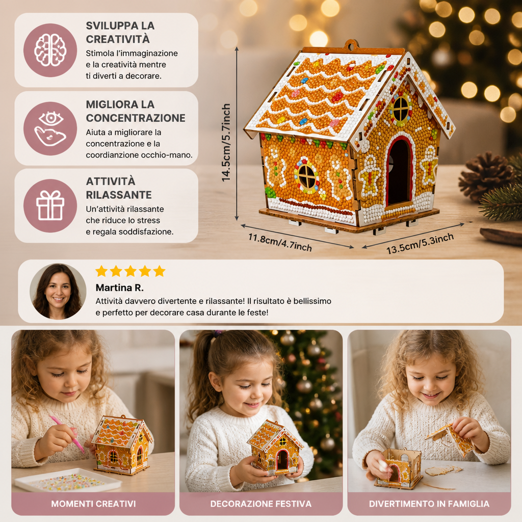 Kit DIY per Puzzle 3D in Legno a Forma di Casa di Pan di Zenzero con Diamond Art