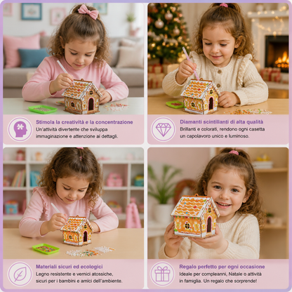 Kit DIY per Puzzle 3D in Legno a Forma di Casa di Pan di Zenzero con Diamond Art