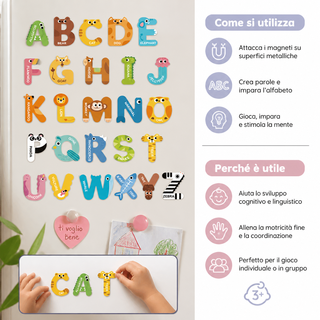 Magneti da Frigorifero con Lettere, Numeri e Animali – Set Educativo per Imparare l’Alfabeto e le Prime Parole