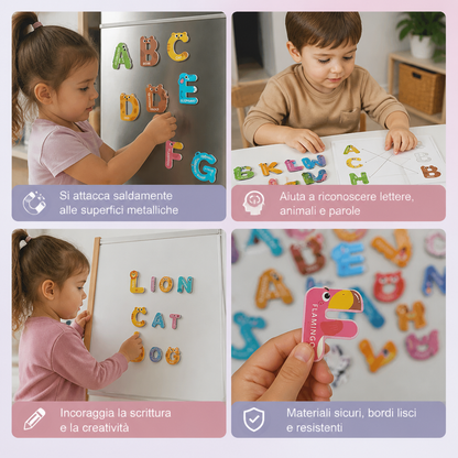 Magneti da Frigorifero con Lettere, Numeri e Animali – Set Educativo per Imparare l’Alfabeto e le Prime Parole