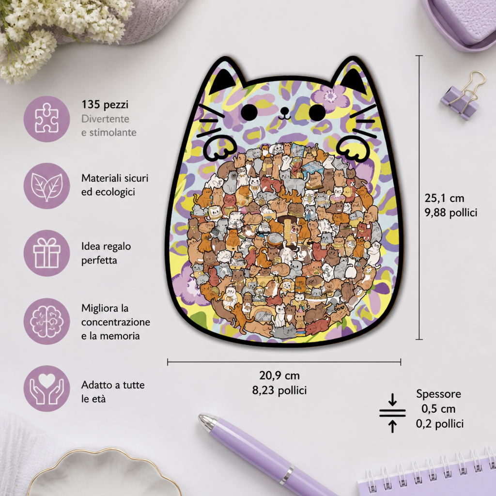 Puzzle in legno da 135 pezzi con tessere a forma di gatto