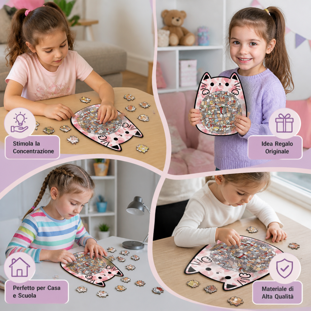Puzzle in legno da 135 pezzi con tessere a forma di gatto