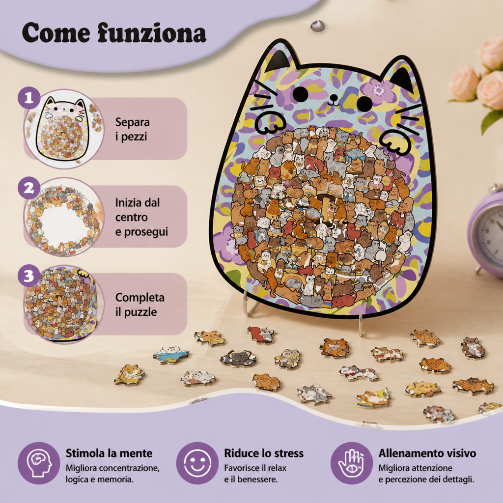 Puzzle in legno da 135 pezzi con tessere a forma di gatto