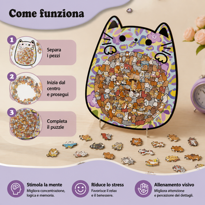 Puzzle in legno da 135 pezzi con tessere a forma di gatto