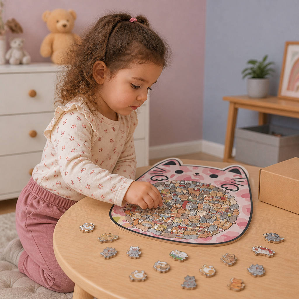 Puzzle in legno da 135 pezzi con tessere a forma di gatto