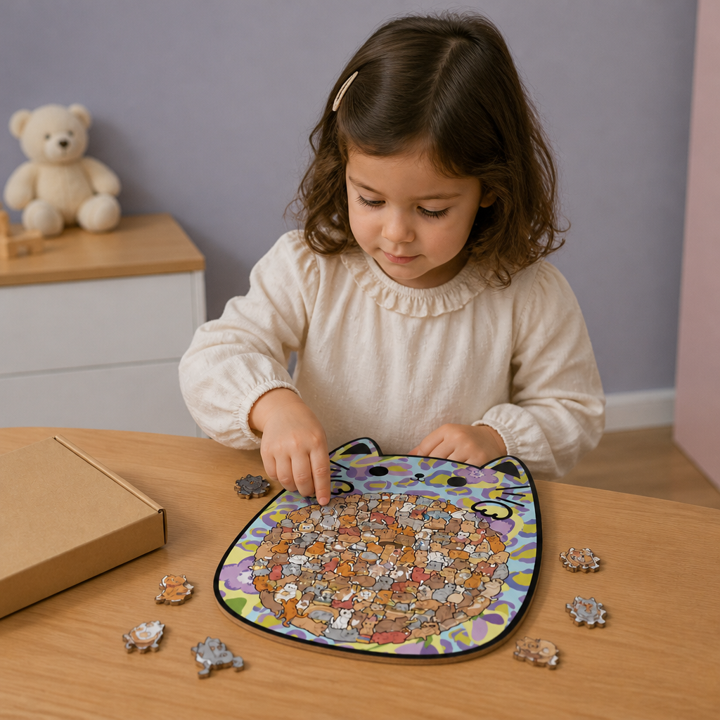 Puzzle in legno da 135 pezzi con tessere a forma di gatto