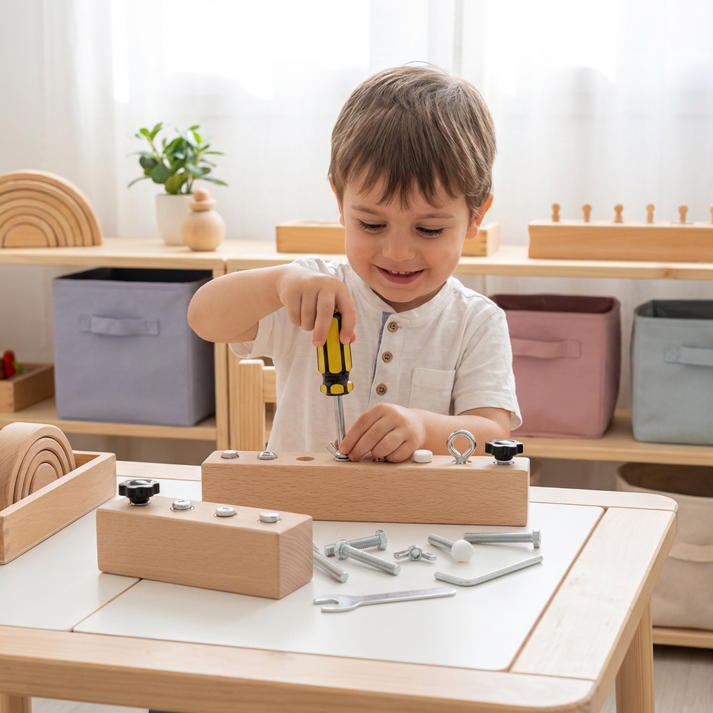 Gioco Montessori con viti in legno – allenamento della motricità fine e della concentrazione per bambini