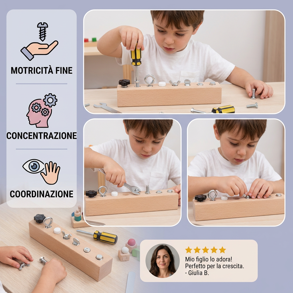 Gioco Montessori con viti in legno – allenamento della motricità fine e della concentrazione per bambini