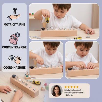 Gioco Montessori con viti in legno – allenamento della motricità fine e della concentrazione per bambini