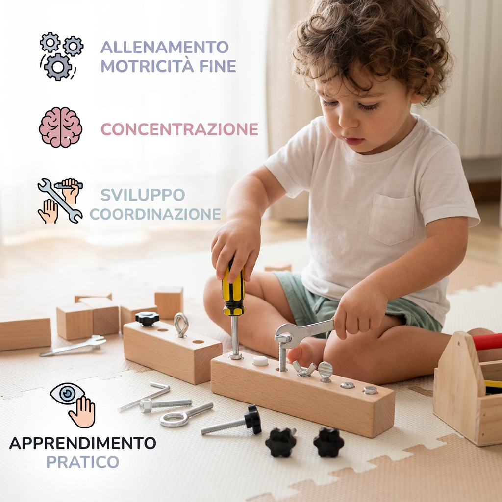 Gioco Montessori con viti in legno – allenamento della motricità fine e della concentrazione per bambini