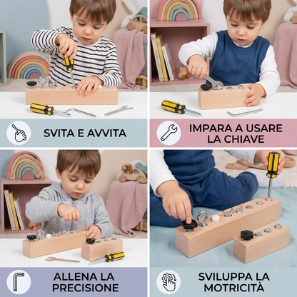 Gioco Montessori con viti in legno – allenamento della motricità fine e della concentrazione per bambini