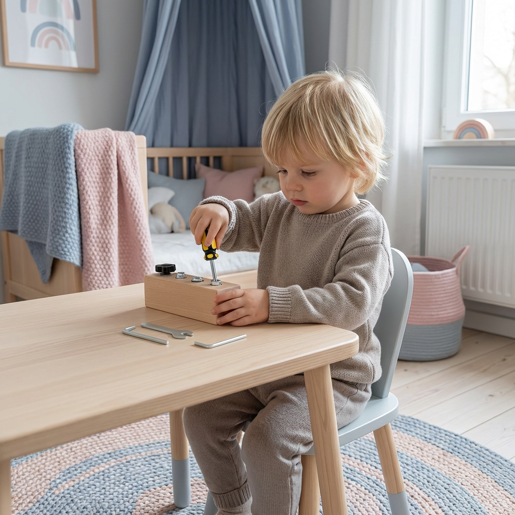 Gioco Montessori con viti in legno – allenamento della motricità fine e della concentrazione per bambini